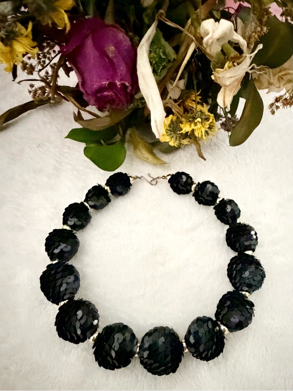 VTG Mid Century Black Sequin Bubble Bead Choker Necklace Hollywood Regency Glam